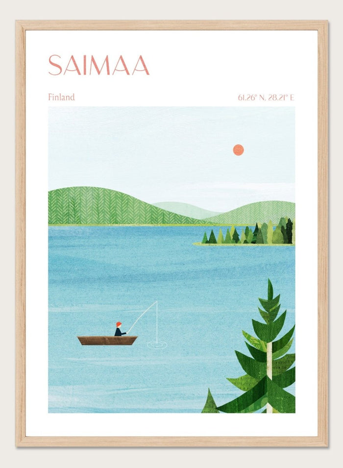 Illustration of a lake scene with a person fishing, surrounded by greenery and mountains, with 'Saimaa, Finland' text at the top. Calm Saimaa Lake Fishing by Longwayhome is a minimalist Scandinavian landscape art print featuring peaceful Finland lake scenery, forest views, and modern Nordic design.
