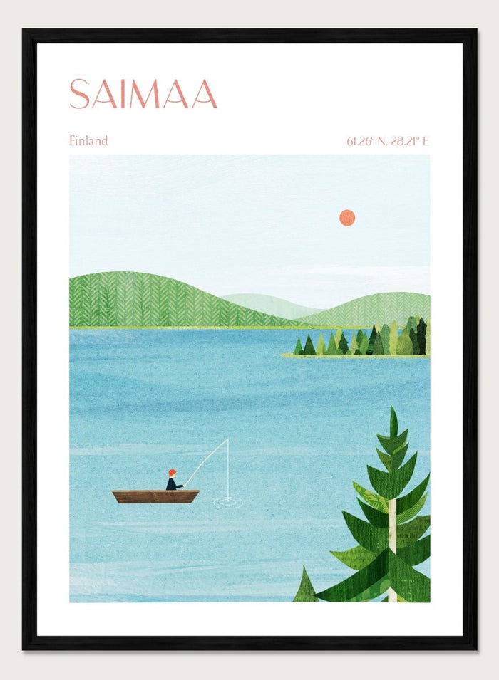 Illustration of a lake scene with a person fishing, surrounded by greenery and mountains, with 'Saimaa, Finland' text at the top. Calm Saimaa Lake Fishing by Longwayhome is a minimalist Scandinavian landscape art print featuring peaceful Finland lake scenery, forest views, and modern Nordic design.