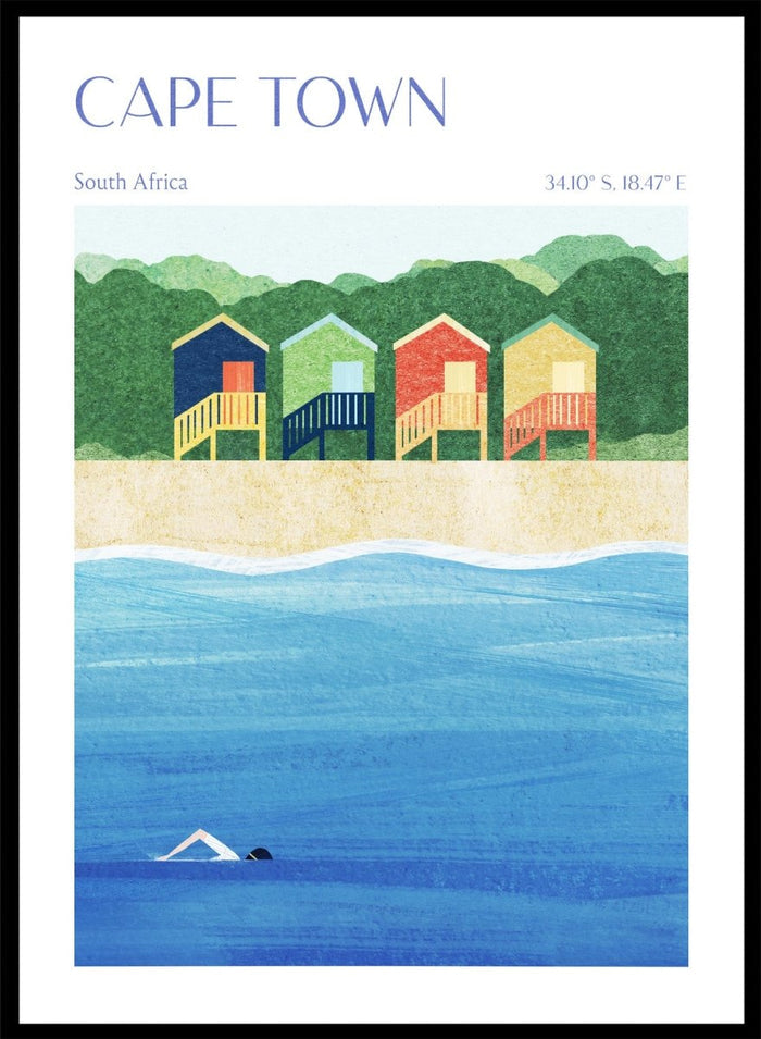 Illustration of beach huts by the sea with 'Cape Town, South Africa' text. Cape Town Beach Huts by Longwayhome is a minimalist coastal art print featuring colorful beach cabins, ocean scenery, and modern travel inspired design.