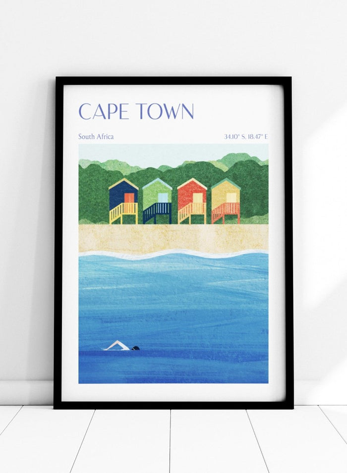 Illustration of beach huts by the sea with 'Cape Town, South Africa' text. Cape Town Beach Huts by Longwayhome is a minimalist coastal art print featuring colorful beach cabins, ocean scenery, and modern travel inspired design.