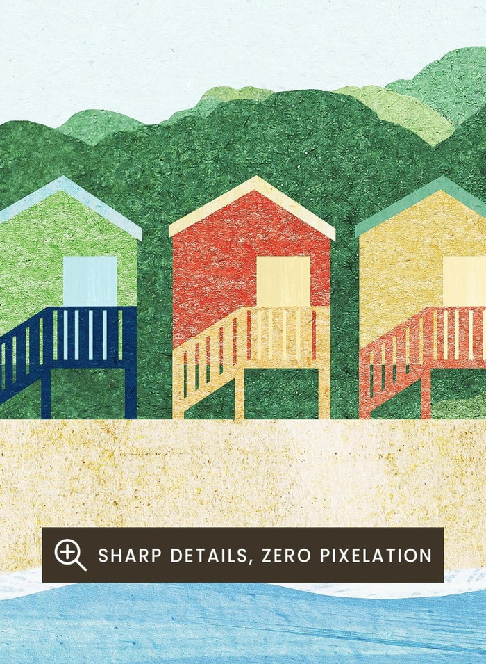 Illustration of beach huts by the sea with 'Cape Town, South Africa' text. Cape Town Beach Huts by Longwayhome is a minimalist coastal art print featuring colorful beach cabins, ocean scenery, and modern travel inspired design.