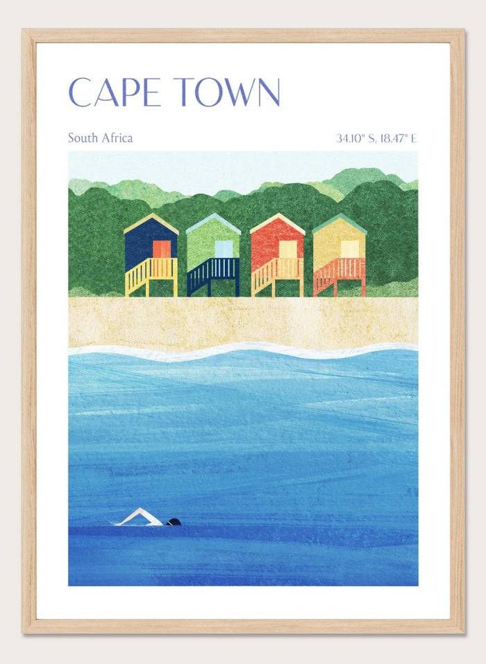 Illustration of beach huts by the sea with 'Cape Town, South Africa' text. Cape Town Beach Huts by Longwayhome is a minimalist coastal art print featuring colorful beach cabins, ocean scenery, and modern travel inspired design.
