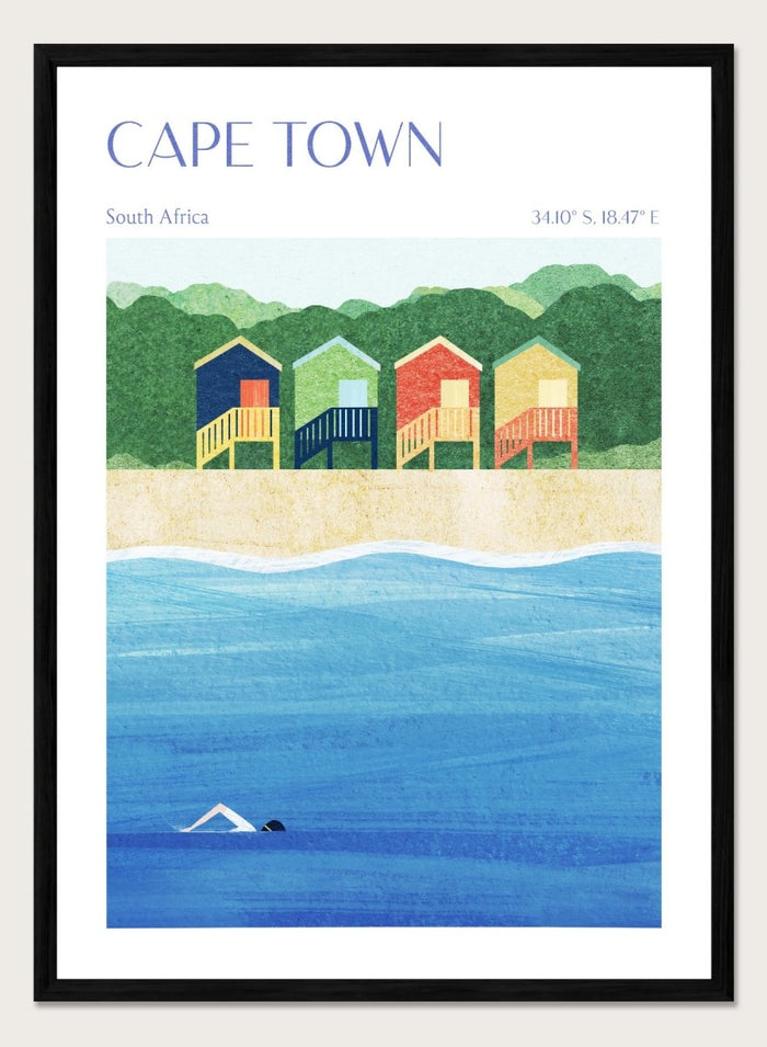 Illustration of beach huts by the sea with 'Cape Town, South Africa' text. Cape Town Beach Huts by Longwayhome is a minimalist coastal art print featuring colorful beach cabins, ocean scenery, and modern travel inspired design.