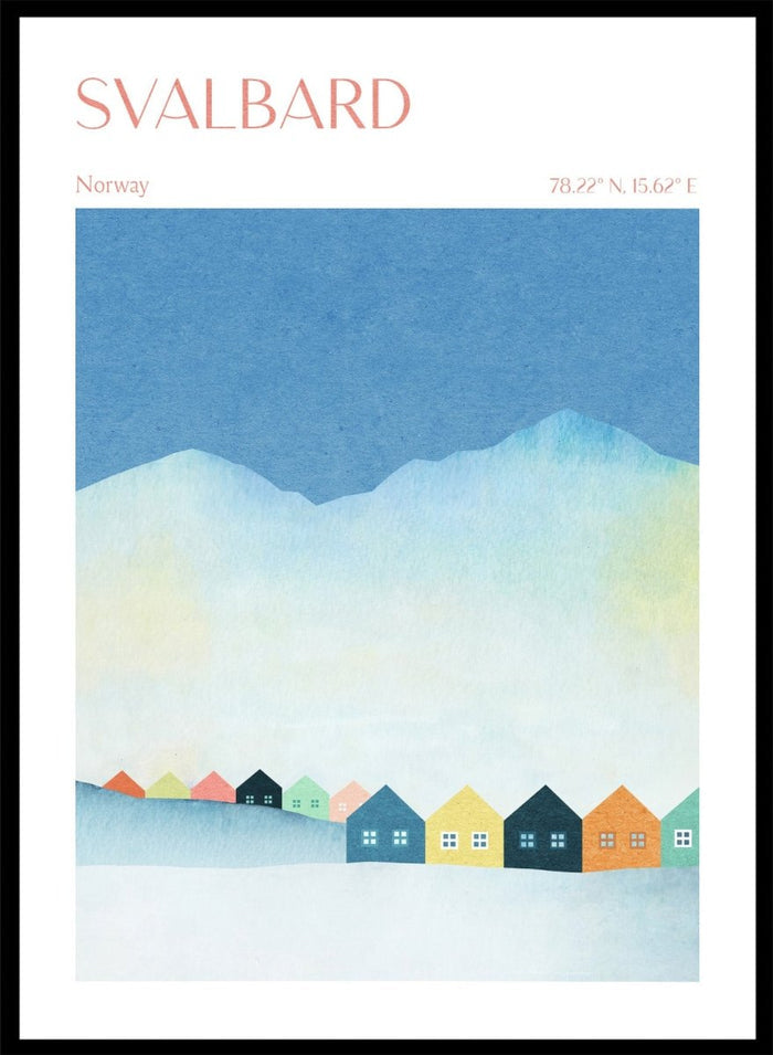 Poster of Svalbard with colorful houses and mountain landscape. Colorful Svalbard Winter Village by Longwayhome is a minimalist Scandinavian landscape art print featuring pastel houses, snowy mountains, and modern Nordic design.