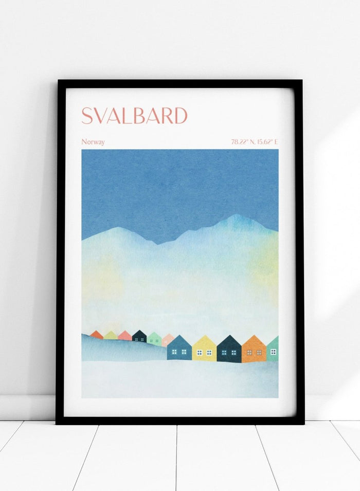 Poster of Svalbard with colorful houses and mountain landscape. Colorful Svalbard Winter Village by Longwayhome is a minimalist Scandinavian landscape art print featuring pastel houses, snowy mountains, and modern Nordic design.