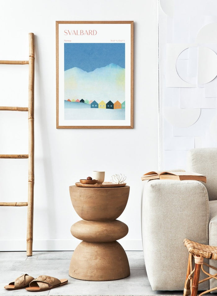 Poster of Svalbard with colorful houses and mountain landscape. Colorful Svalbard Winter Village by Longwayhome is a minimalist Scandinavian landscape art print featuring pastel houses, snowy mountains, and modern Nordic design.