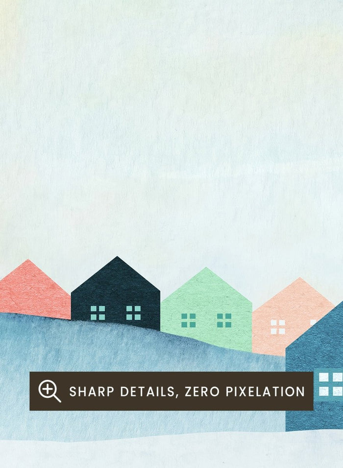 Poster of Svalbard with colorful houses and mountain landscape. Colorful Svalbard Winter Village by Longwayhome is a minimalist Scandinavian landscape art print featuring pastel houses, snowy mountains, and modern Nordic design.