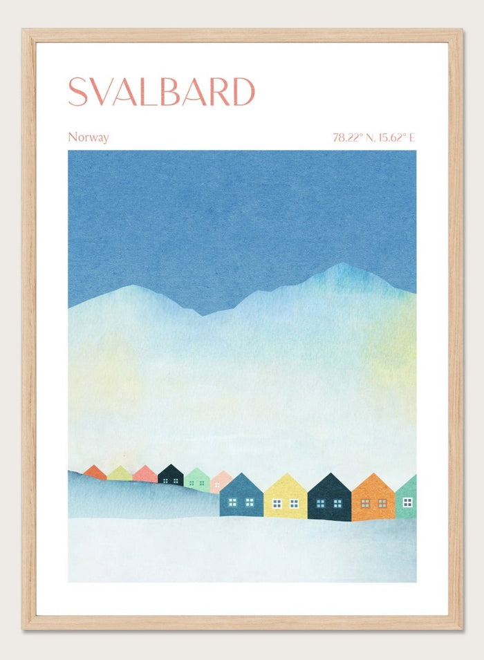 Poster of Svalbard with colorful houses and mountain landscape. Colorful Svalbard Winter Village by Longwayhome is a minimalist Scandinavian landscape art print featuring pastel houses, snowy mountains, and modern Nordic design.