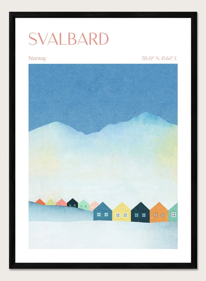 Poster of Svalbard with colorful houses and mountain landscape. Colorful Svalbard Winter Village by Longwayhome is a minimalist Scandinavian landscape art print featuring pastel houses, snowy mountains, and modern Nordic design.