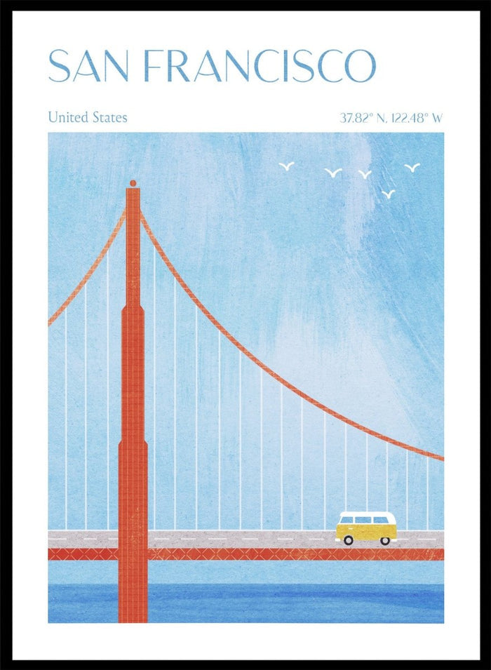 Illustration of the Golden Gate Bridge with a van and birds in San Francisco, United States. Golden Gate San Francisco by Longwayhome is a minimalist travel art print featuring the Golden Gate Bridge, coastal California scenery, and modern mid century inspired design.
