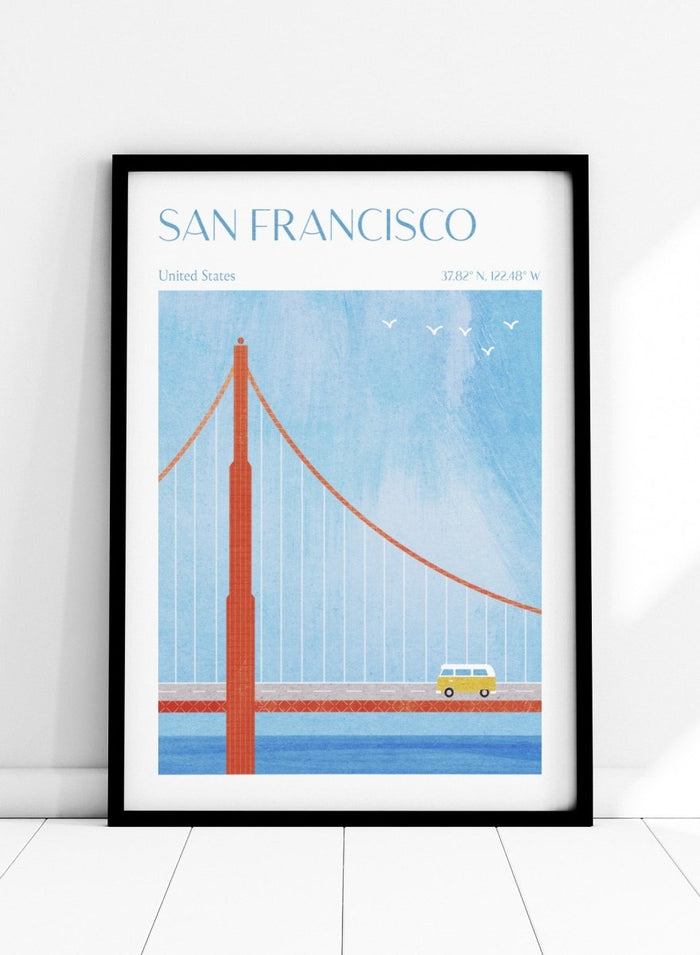 Illustration of the Golden Gate Bridge with a van and birds in San Francisco, United States. Golden Gate San Francisco by Longwayhome is a minimalist travel art print featuring the Golden Gate Bridge, coastal California scenery, and modern mid century inspired design.