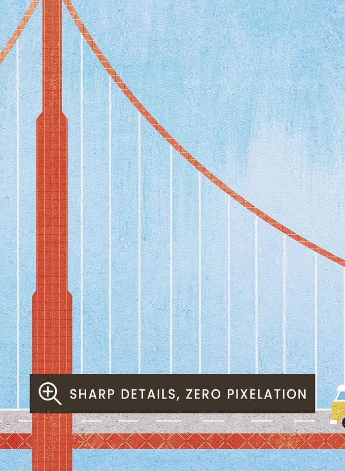 Illustration of the Golden Gate Bridge with a van and birds in San Francisco, United States. Golden Gate San Francisco by Longwayhome is a minimalist travel art print featuring the Golden Gate Bridge, coastal California scenery, and modern mid century inspired design.
