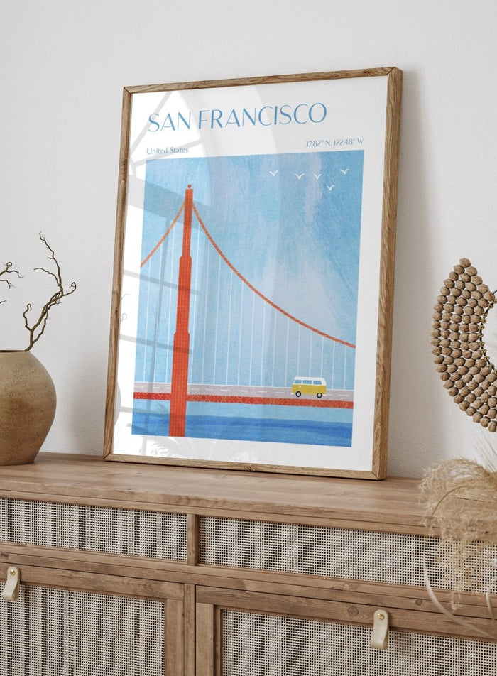 Illustration of the Golden Gate Bridge with a van and birds in San Francisco, United States. Golden Gate San Francisco by Longwayhome is a minimalist travel art print featuring the Golden Gate Bridge, coastal California scenery, and modern mid century inspired design.