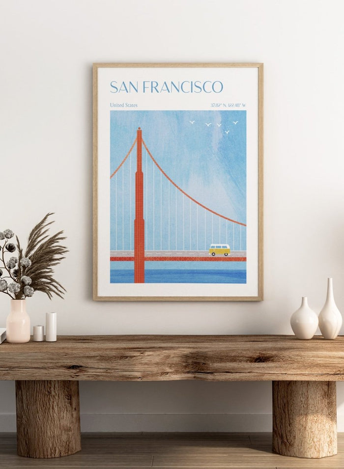 Illustration of the Golden Gate Bridge with a van and birds in San Francisco, United States. Golden Gate San Francisco by Longwayhome is a minimalist travel art print featuring the Golden Gate Bridge, coastal California scenery, and modern mid century inspired design.