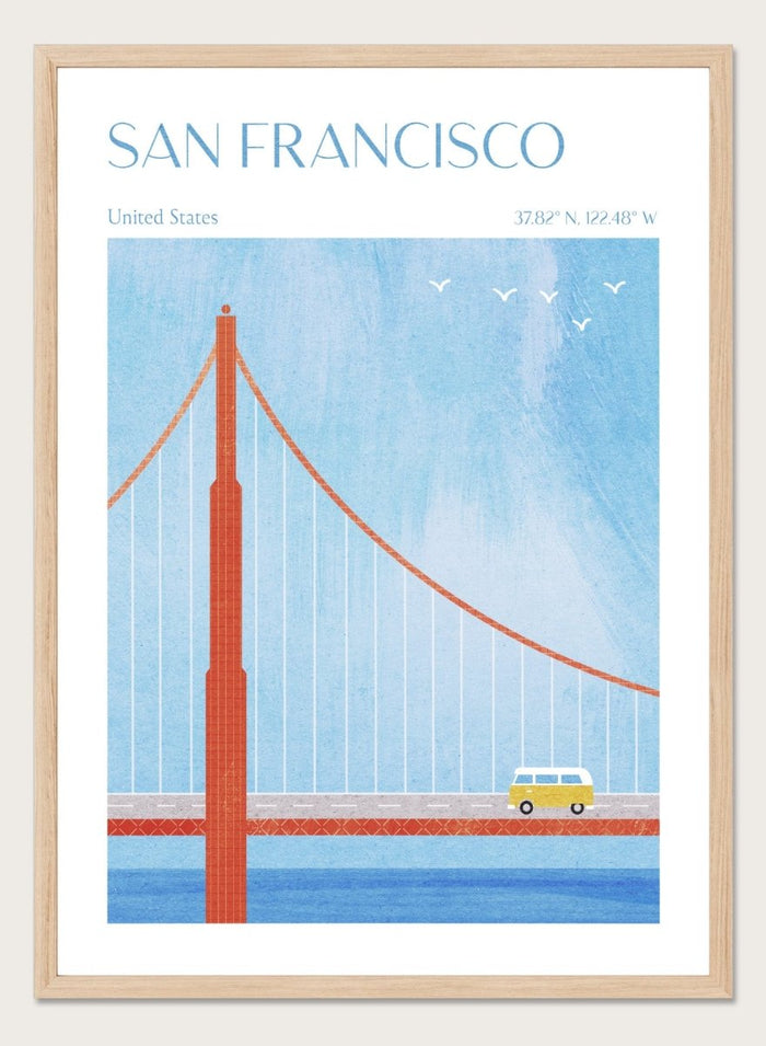 Illustration of the Golden Gate Bridge with a van and birds in San Francisco, United States. Golden Gate San Francisco by Longwayhome is a minimalist travel art print featuring the Golden Gate Bridge, coastal California scenery, and modern mid century inspired design.