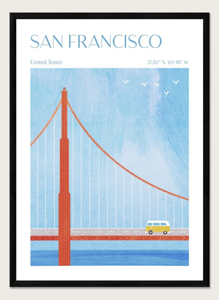 Illustration of the Golden Gate Bridge with a van and birds in San Francisco, United States. Golden Gate San Francisco by Longwayhome is a minimalist travel art print featuring the Golden Gate Bridge, coastal California scenery, and modern mid century inspired design.