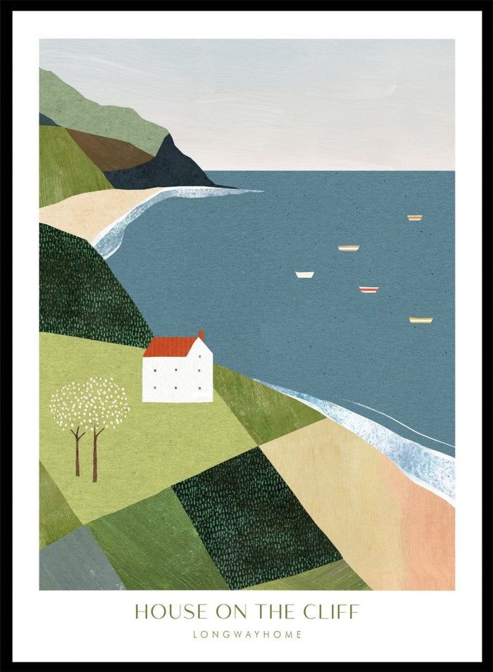 Illustration of a house on a cliff overlooking a coastal scene with boats. House on the Cliff by Longwayhome is a minimalist coastal landscape art print featuring ocean views, cliffside scenery, and modern travel inspired wall art.