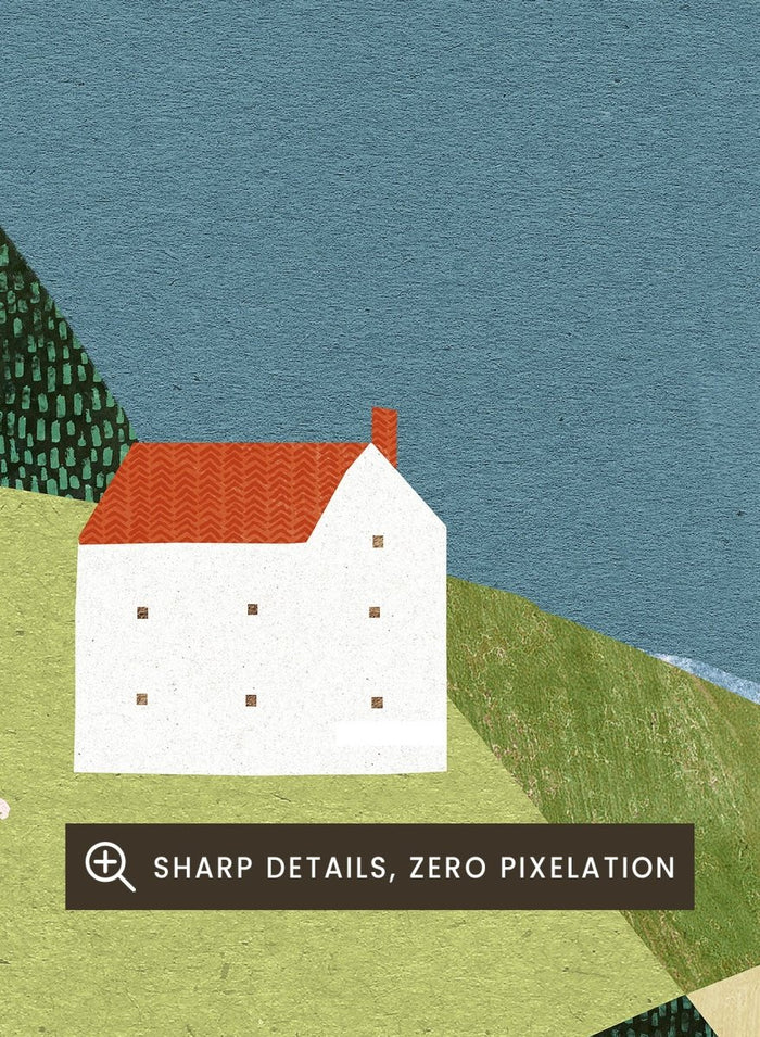 Illustration of a house on a cliff overlooking a coastal scene with boats. House on the Cliff by Longwayhome is a minimalist coastal landscape art print featuring ocean views, cliffside scenery, and modern travel inspired wall art.
