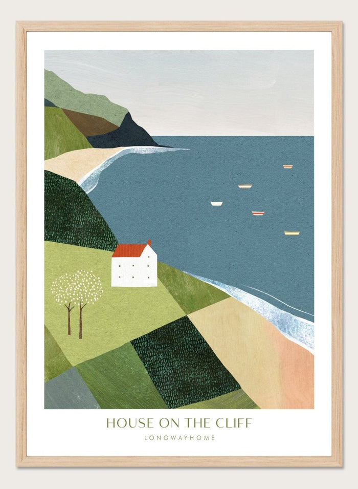 Illustration of a house on a cliff overlooking a coastal scene with boats. House on the Cliff by Longwayhome is a minimalist coastal landscape art print featuring ocean views, cliffside scenery, and modern travel inspired wall art.