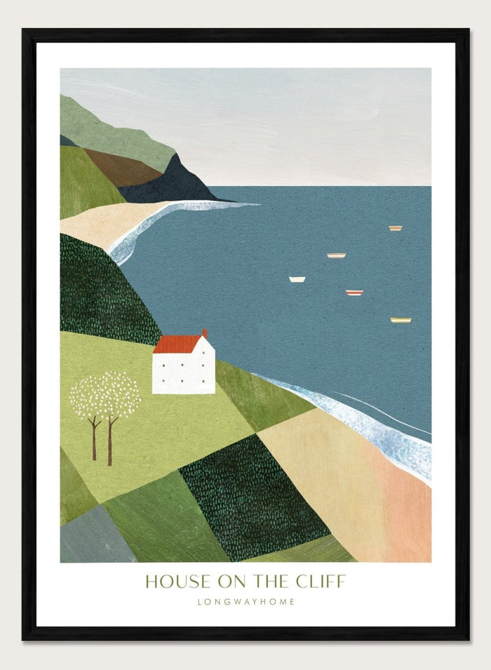 Illustration of a house on a cliff overlooking a coastal scene with boats. House on the Cliff by Longwayhome is a minimalist coastal landscape art print featuring ocean views, cliffside scenery, and modern travel inspired wall art.