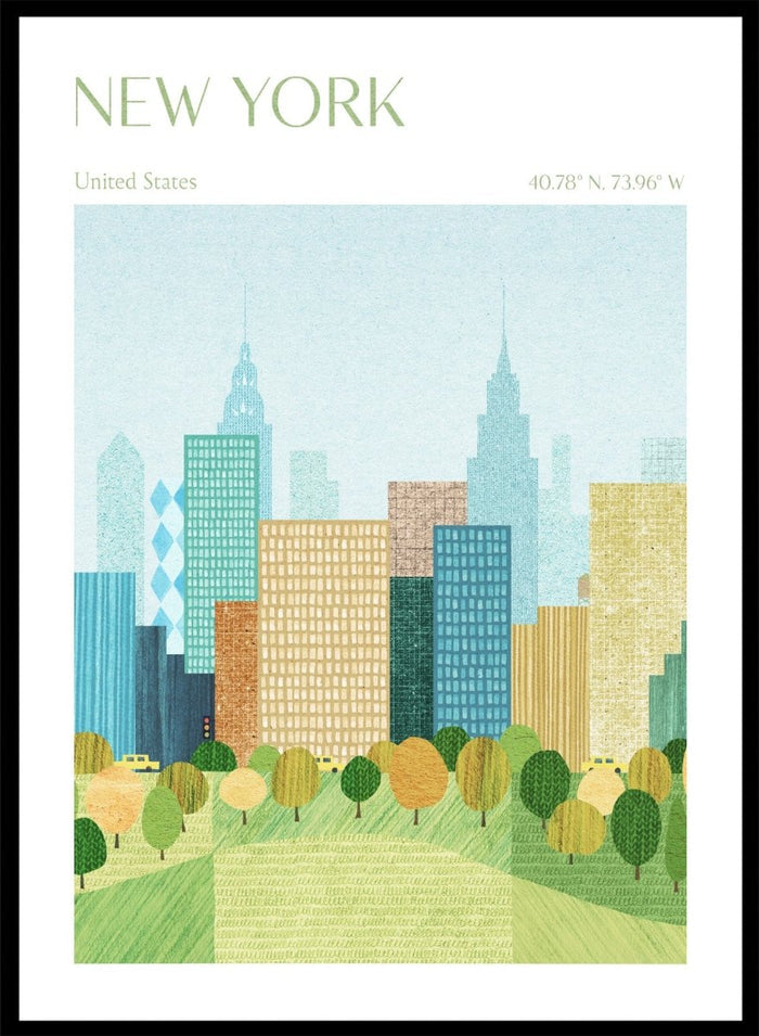 Illustration of a city skyline with trees in the foreground, labeled 'New York'. New York City Park by Longwayhome is a minimalist cityscape art print featuring the New York skyline, green park scenery, and modern travel inspired design.
