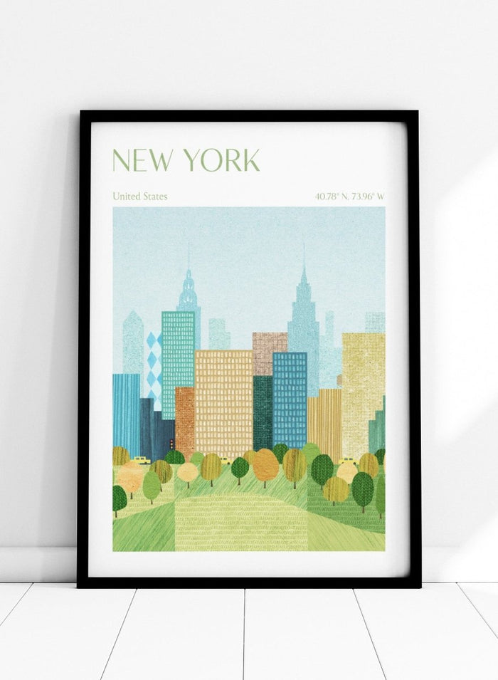 Illustration of a city skyline with trees in the foreground, labeled 'New York'. New York City Park by Longwayhome is a minimalist cityscape art print featuring the New York skyline, green park scenery, and modern travel inspired design.