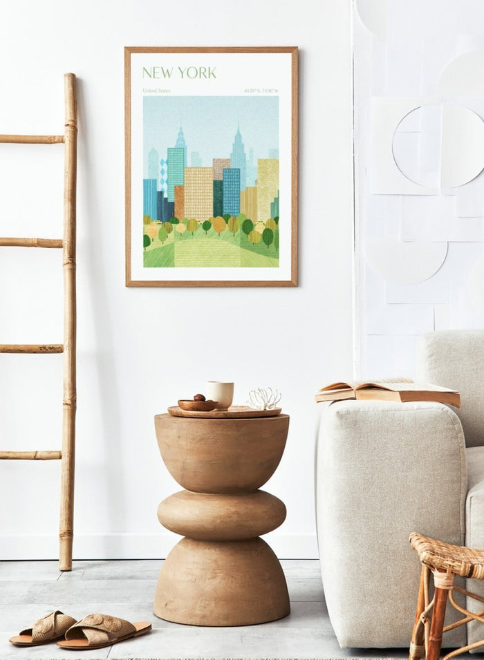 Illustration of a city skyline with trees in the foreground, labeled 'New York'. New York City Park by Longwayhome is a minimalist cityscape art print featuring the New York skyline, green park scenery, and modern travel inspired design.