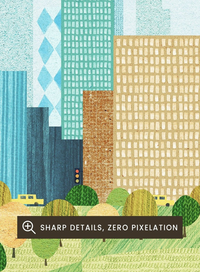 Illustration of a city skyline with trees in the foreground, labeled 'New York'. New York City Park by Longwayhome is a minimalist cityscape art print featuring the New York skyline, green park scenery, and modern travel inspired design.