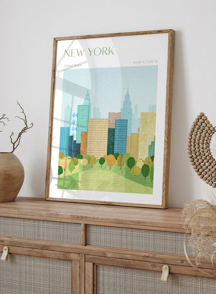 Illustration of a city skyline with trees in the foreground, labeled 'New York'. New York City Park by Longwayhome is a minimalist cityscape art print featuring the New York skyline, green park scenery, and modern travel inspired design.