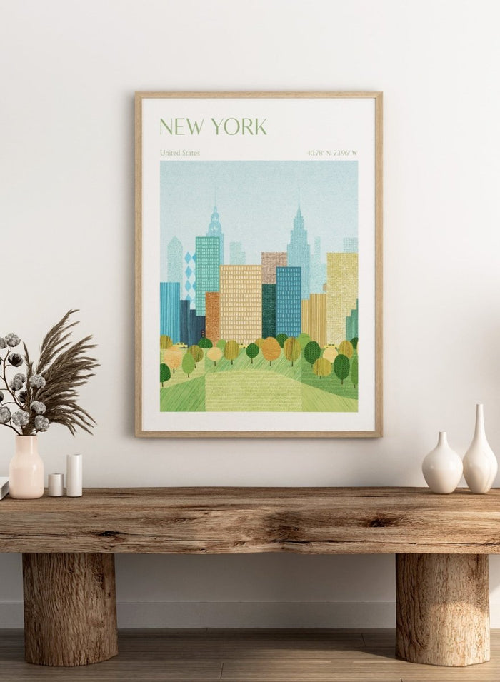 Illustration of a city skyline with trees in the foreground, labeled 'New York'. New York City Park by Longwayhome is a minimalist cityscape art print featuring the New York skyline, green park scenery, and modern travel inspired design.