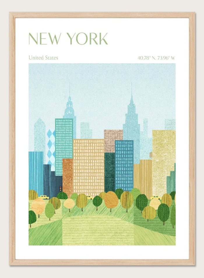 Illustration of a city skyline with trees in the foreground, labeled 'New York'. New York City Park by Longwayhome is a minimalist cityscape art print featuring the New York skyline, green park scenery, and modern travel inspired design.