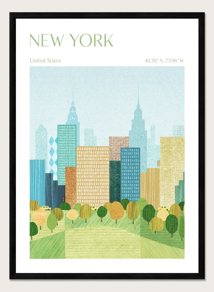 Illustration of a city skyline with trees in the foreground, labeled 'New York'. New York City Park by Longwayhome is a minimalist cityscape art print featuring the New York skyline, green park scenery, and modern travel inspired design.
