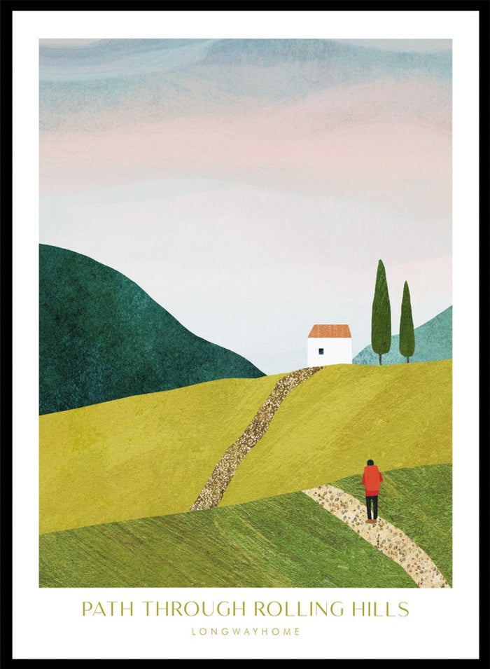 Illustration of a person walking along a path through rolling hills with a house and trees in the background. Path Through Rolling Hills by Longwayhome is a minimalist landscape art print featuring rolling green hills, countryside scenery, and modern travel inspired wall art.