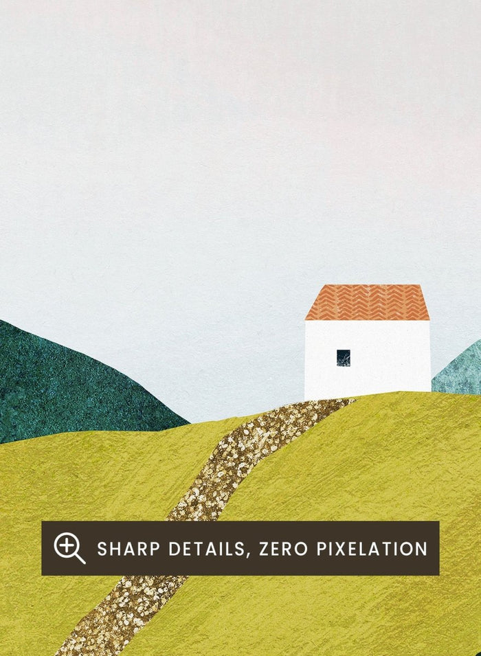 Illustration of a person walking along a path through rolling hills with a house and trees in the background. Path Through Rolling Hills by Longwayhome is a minimalist landscape art print featuring rolling green hills, countryside scenery, and modern travel inspired wall art.