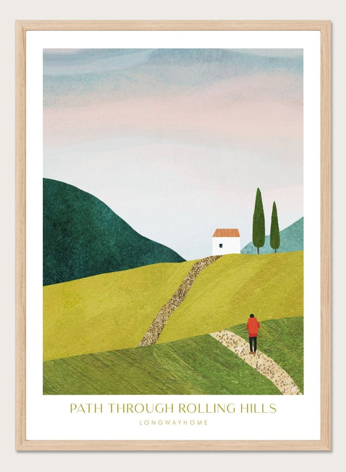Illustration of a person walking along a path through rolling hills with a house and trees in the background. Path Through Rolling Hills by Longwayhome is a minimalist landscape art print featuring rolling green hills, countryside scenery, and modern travel inspired wall art.