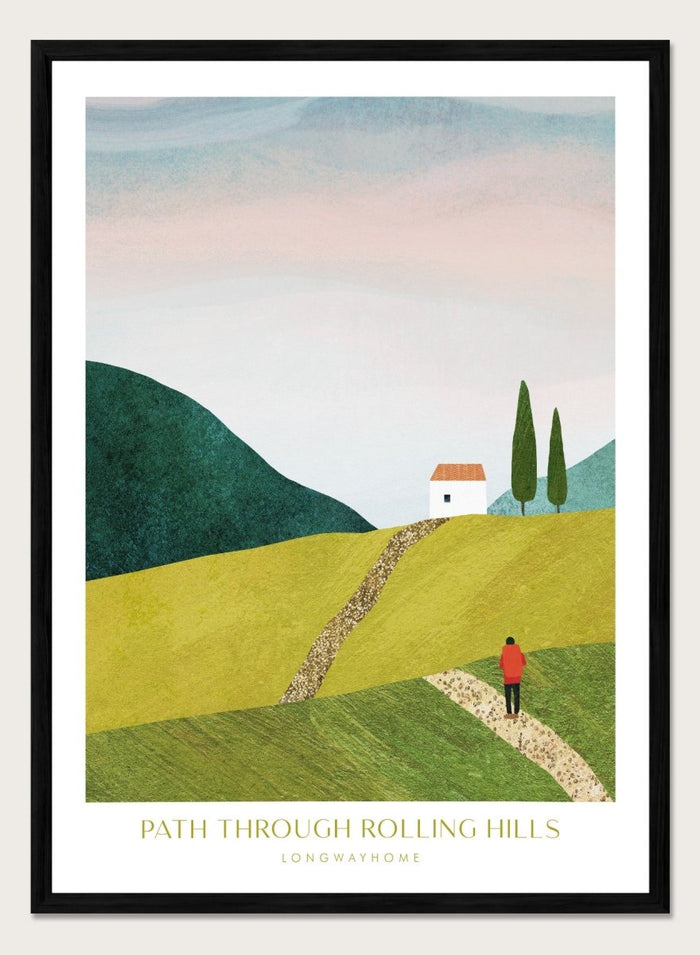 Illustration of a person walking along a path through rolling hills with a house and trees in the background. Path Through Rolling Hills by Longwayhome is a minimalist landscape art print featuring rolling green hills, countryside scenery, and modern travel inspired wall art.