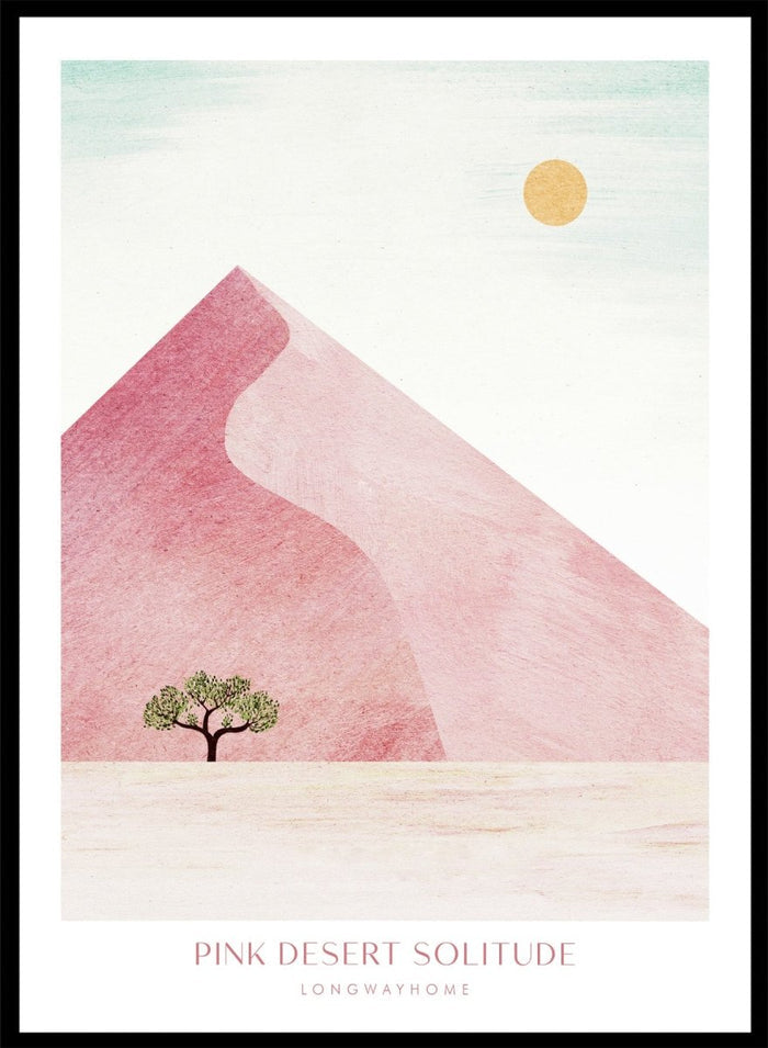 Artistic depiction of a pink desert with a solitary tree and a yellow sun. Pink Desert Solitude by Longwayhome is a minimalist desert art print featuring soft pink dunes, abstract landscape scenery, and calming modern design.