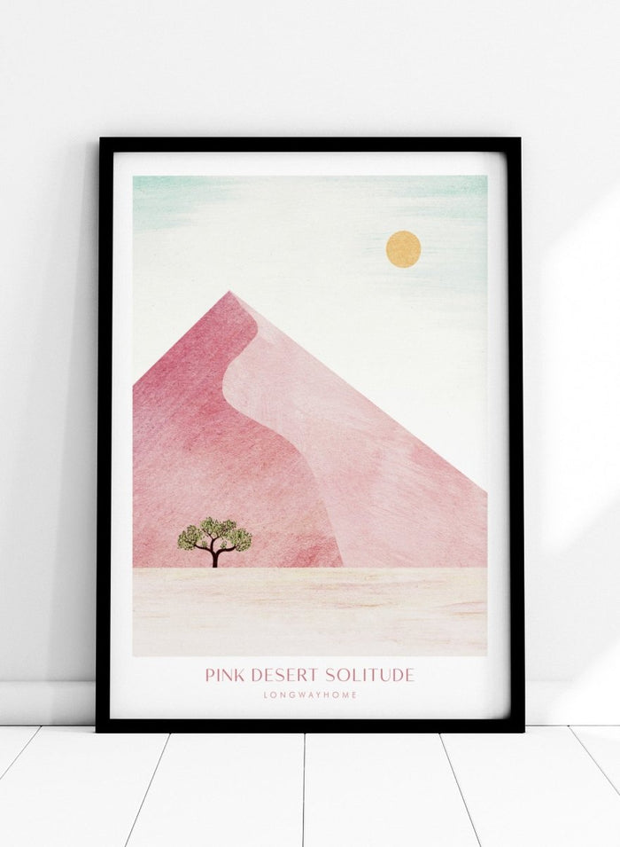 Artistic depiction of a pink desert with a solitary tree and a yellow sun. Pink Desert Solitude by Longwayhome is a minimalist desert art print featuring soft pink dunes, abstract landscape scenery, and calming modern design.
