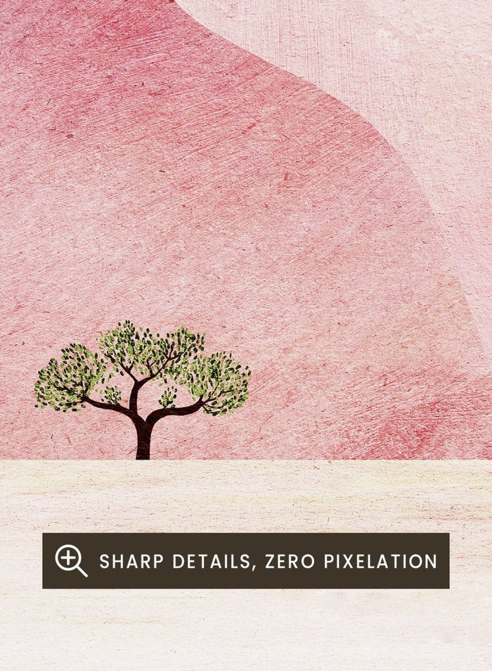 Artistic depiction of a pink desert with a solitary tree and a yellow sun. Pink Desert Solitude by Longwayhome is a minimalist desert art print featuring soft pink dunes, abstract landscape scenery, and calming modern design.