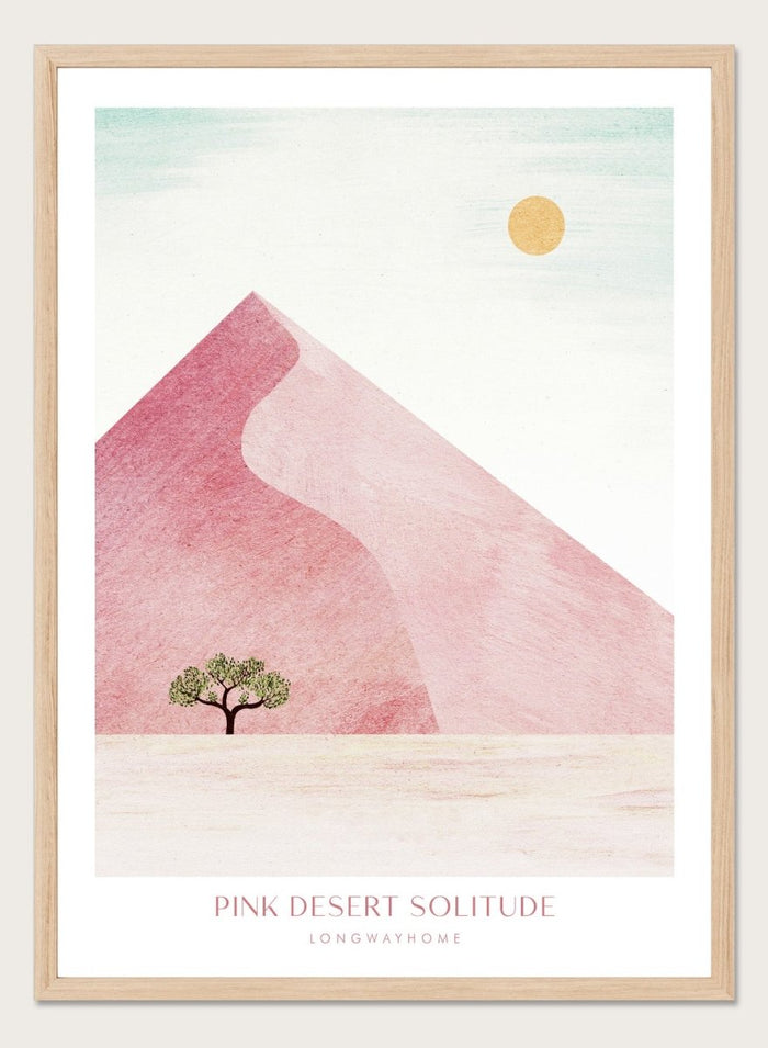 Artistic depiction of a pink desert with a solitary tree and a yellow sun. Pink Desert Solitude by Longwayhome is a minimalist desert art print featuring soft pink dunes, abstract landscape scenery, and calming modern design.
