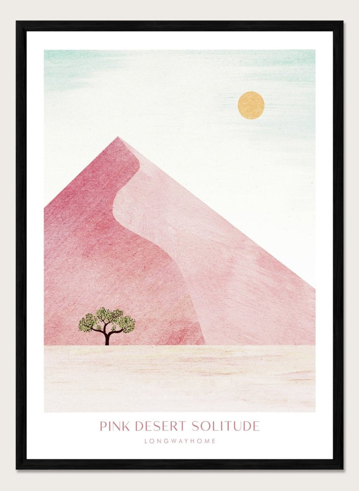 Artistic depiction of a pink desert with a solitary tree and a yellow sun. Pink Desert Solitude by Longwayhome is a minimalist desert art print featuring soft pink dunes, abstract landscape scenery, and calming modern design.