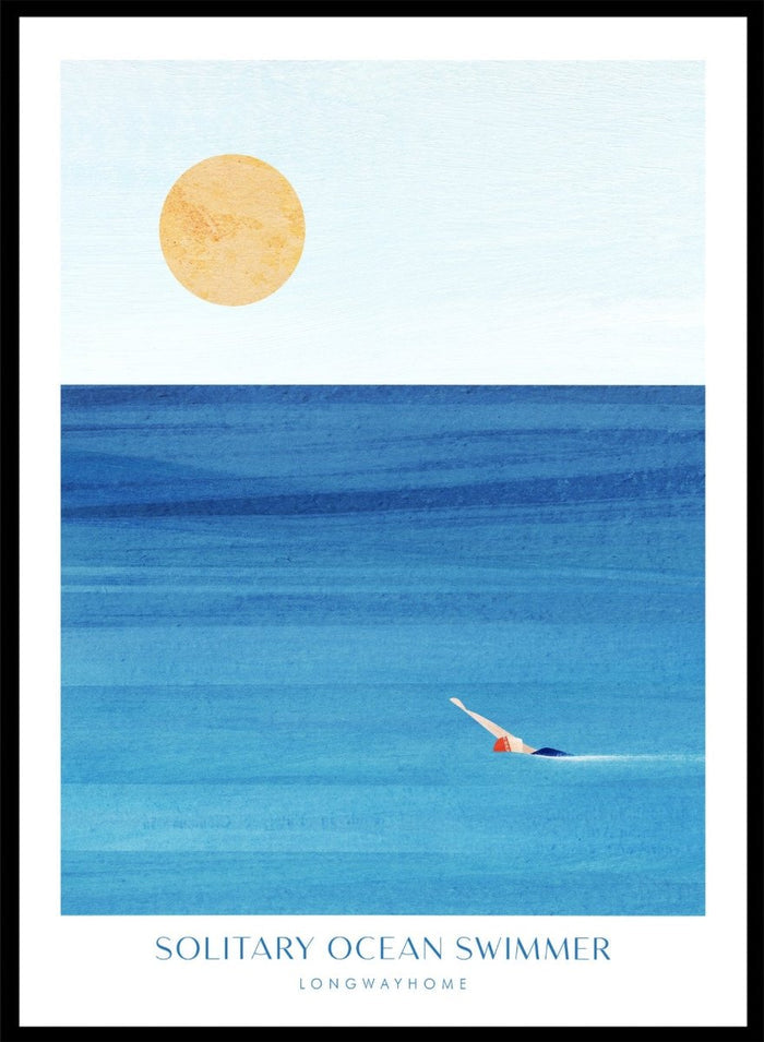 Art print of a solitary ocean swimmer with a large sun in the sky. Solitary Ocean Swimmer by Longwayhome is a minimalist ocean art print featuring deep blue water, lone swimmer imagery, and calming coastal wall art.