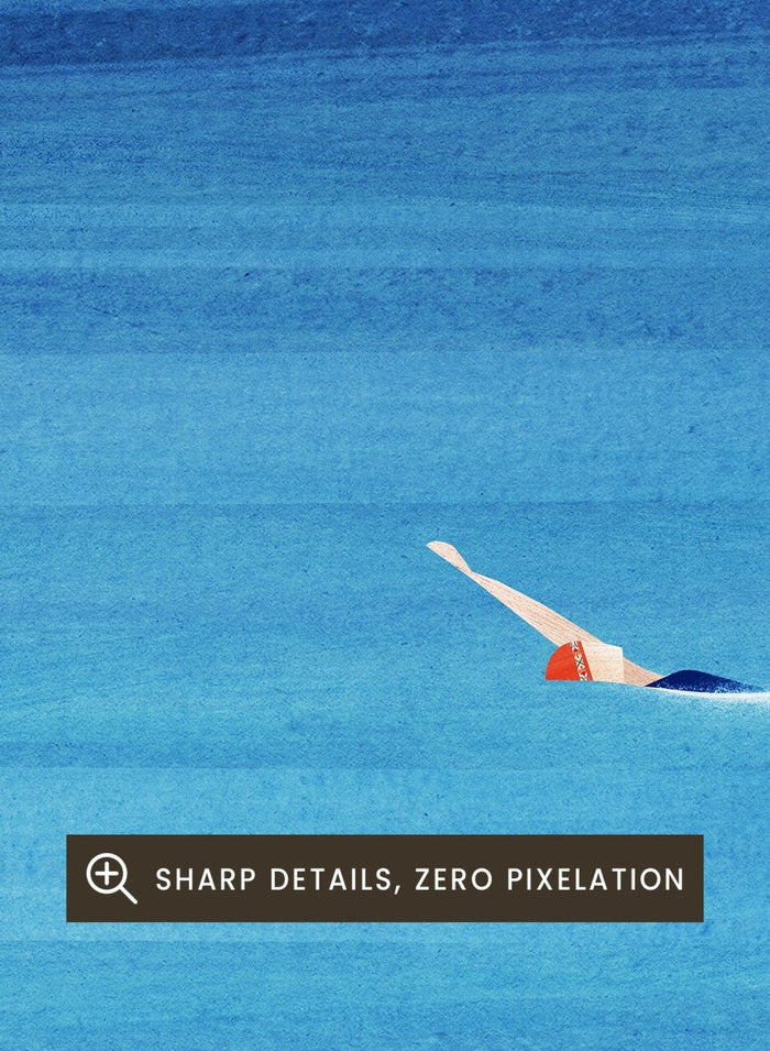 Art print of a solitary ocean swimmer with a large sun in the sky. Solitary Ocean Swimmer by Longwayhome is a minimalist ocean art print featuring deep blue water, lone swimmer imagery, and calming coastal wall art.