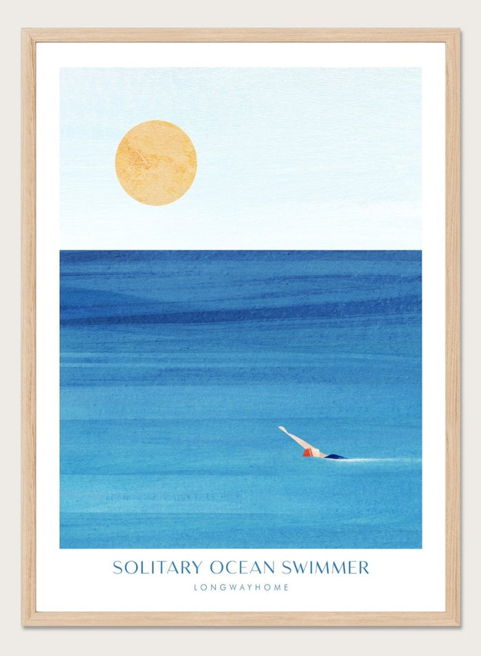 Art print of a solitary ocean swimmer with a large sun in the sky. Solitary Ocean Swimmer by Longwayhome is a minimalist ocean art print featuring deep blue water, lone swimmer imagery, and calming coastal wall art.