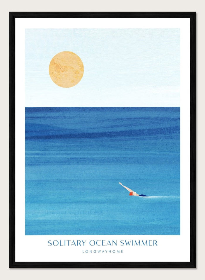 Art print of a solitary ocean swimmer with a large sun in the sky. Solitary Ocean Swimmer by Longwayhome is a minimalist ocean art print featuring deep blue water, lone swimmer imagery, and calming coastal wall art.