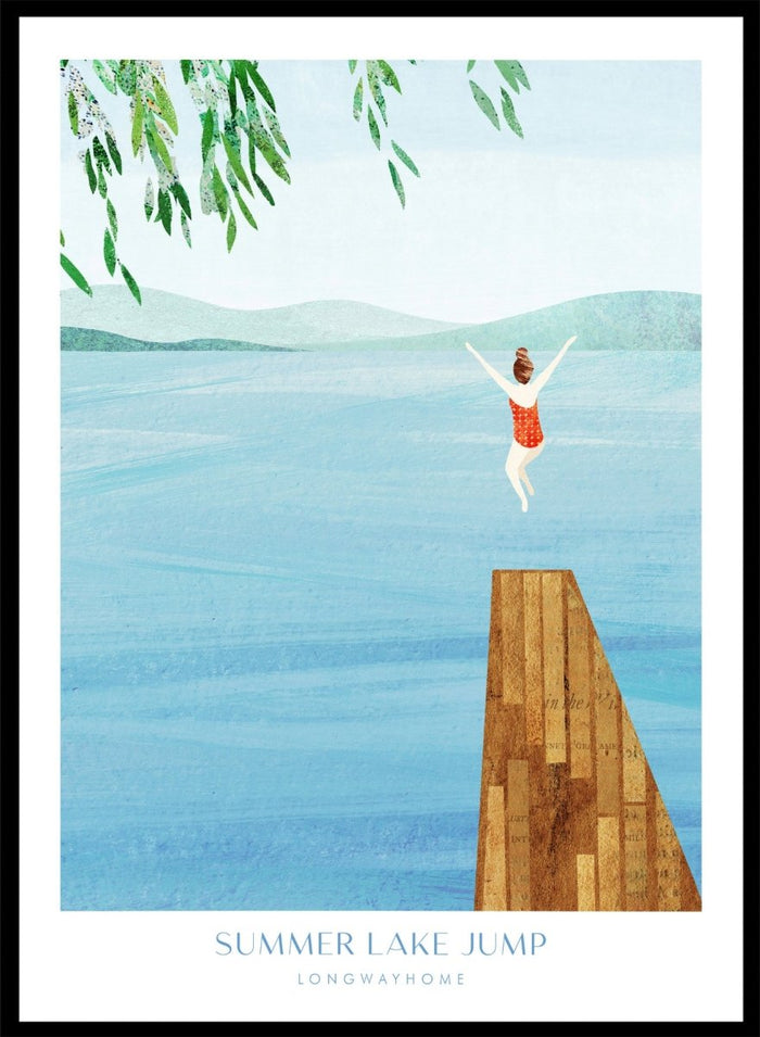 Illustration of a person jumping into a lake from a dock with mountains in the background. Summer Lake Jump by Longwayhome is a minimalist summer lake art print featuring a dock jump scene, calm blue water, and modern travel inspired design.