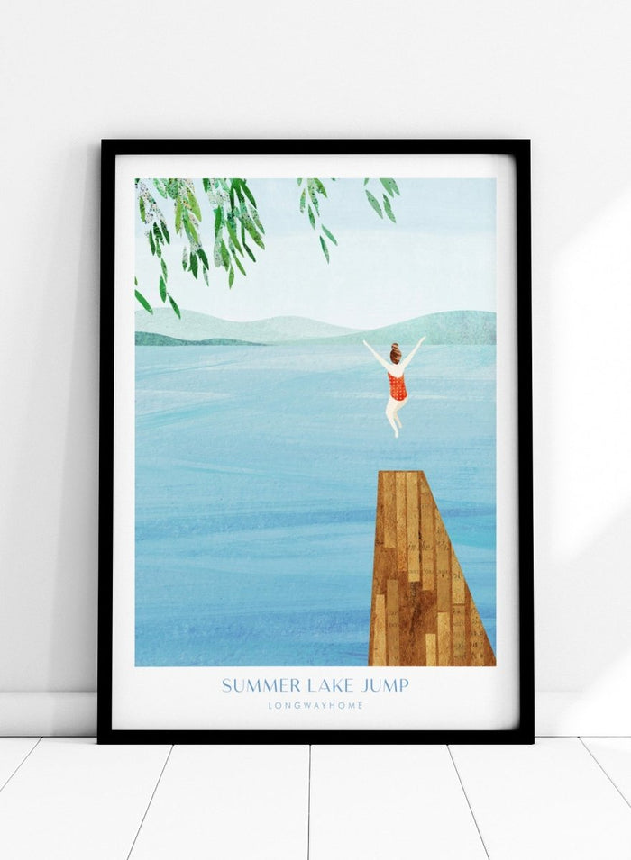 Illustration of a person jumping into a lake from a dock with mountains in the background. Summer Lake Jump by Longwayhome is a minimalist summer lake art print featuring a dock jump scene, calm blue water, and modern travel inspired design.