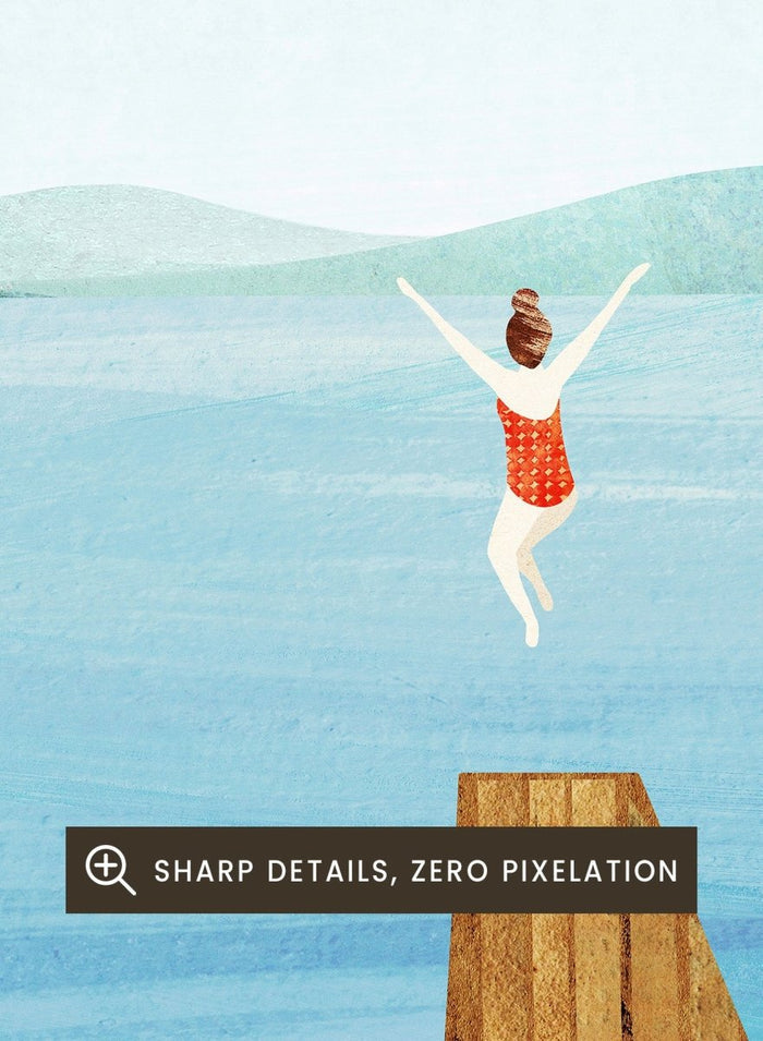 Illustration of a person jumping into a lake from a dock with mountains in the background. Summer Lake Jump by Longwayhome is a minimalist summer lake art print featuring a dock jump scene, calm blue water, and modern travel inspired design.