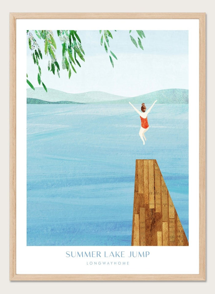 Illustration of a person jumping into a lake from a dock with mountains in the background. Summer Lake Jump by Longwayhome is a minimalist summer lake art print featuring a dock jump scene, calm blue water, and modern travel inspired design.