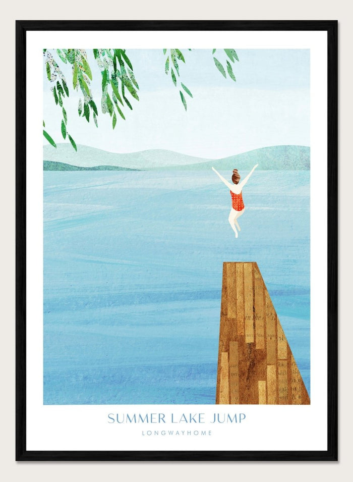 Illustration of a person jumping into a lake from a dock with mountains in the background. Summer Lake Jump by Longwayhome is a minimalist summer lake art print featuring a dock jump scene, calm blue water, and modern travel inspired design.